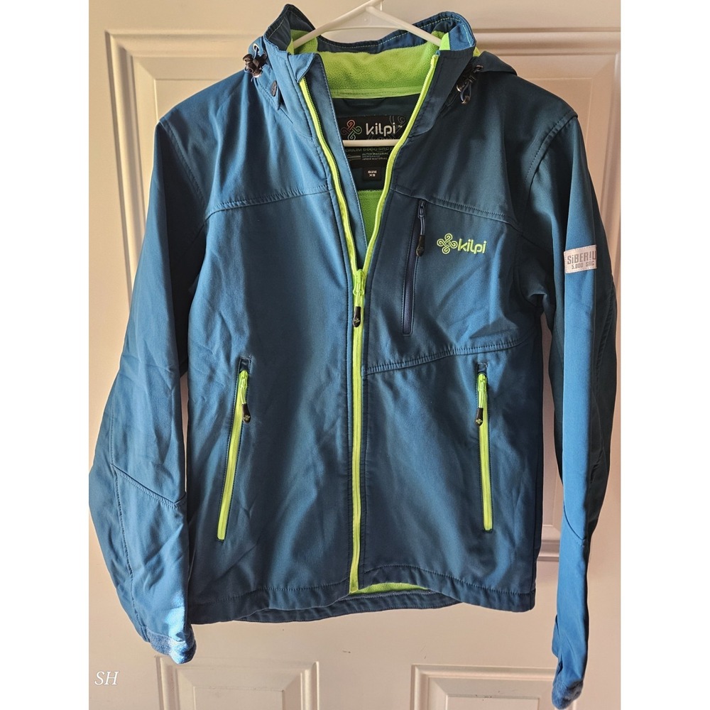 Kilpi Kids XS Softshell Jacket Blue Green Hooded‎ Fleece Lined Outdoor Coat
